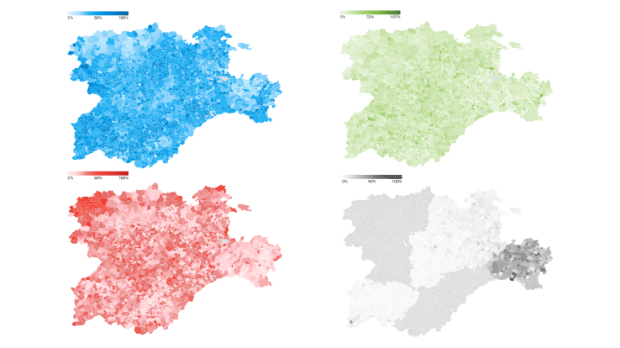 Porcentaje de voto a PP, Vox, PSOE y España Vaciada por localidades en las elecciones autonómicas de Castilla y León de 2022