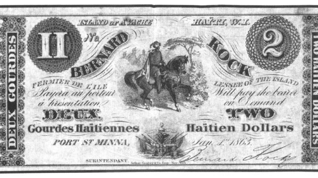 2 dólares haitianos con la imagen de Bernard Kock