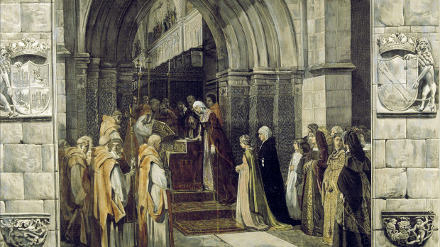 "Isabel la Católica en la cartuja de Miraflores" Grabado de un cuadro de Luis Álvarez