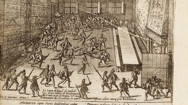 Juan de Jáuregui intentando asesinar a Guillermo el Silencioso, príncipe de Orange , de Frans Hogenberg , 1582 (publicado en 1616)
