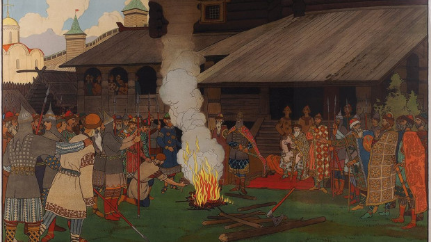 'Impartiendo justicia en la Rus de Kiev', por Iván Bilibin