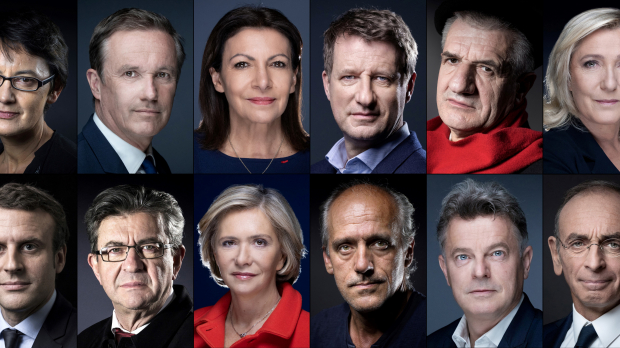 (FILES) This combination of file photographs created on March 7, 2022, shows, in alphabetical order, French presidential candidates (Top, L-R) LO spokesperson Nathalie Arthaud of "Lutte ouvriere" (LO); French Member of Parliament Nicolas Dupont-Aignan of "Debout la France" (DLF); Paris Mayor Anne Hidalgo of the "Socialist Party" (PS); Member of European Parliament Yannick Jadot of "Europe Ecology Les Verts" (EELV); French Member of Parliament Jean Lassalle of "Resistons !"; French Member of Parliament Marine Le Pen of "Rassemblement National" (RN); (bottom, L-R) French President Emmanuel Macron of "La Republique en Marche (LREM); French Member of Parliament Jean-Luc Melenchon of "La France Insoumise" (LFI); Ile-de-France Regional Council President Valerie Pecresse of "Les Republicains"; Bordeaux Municipal and Metropolitan area Council member Philippe Poutou of the "Nouveau Parti Anticapitaliste" (NPA); PCF National Secretary and French Member of Parliament Fabien Roussel of the "French Communist Party" (PCF); and Reconquete! party leader Eric Zemmour of "Reconquete!". - French voters head to the polls on April 10, 2022 for a presidential election. (Photo by Joël SAGET and Eric Feferberg / AFP)