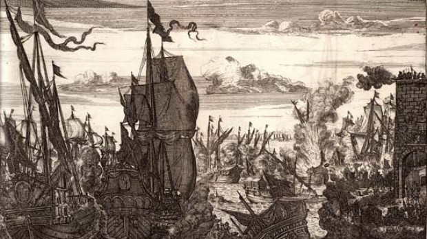 Imagen de la embestida de la flota de Henry Morgan al aventurarse a salir del lago de Maracaibo