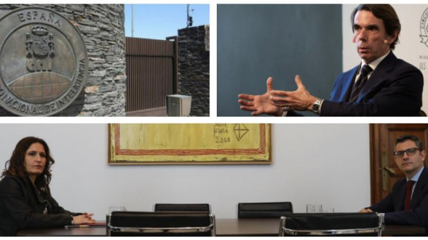 De izquierda a derecha: la entrada del CNI; José María Aznar; y un momento de la reunión de Bolaños con la consejera catalana de Presidencia