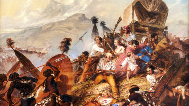 Representación de un ataque zulú a un campamento bóer en febrero de 1838