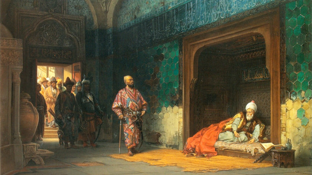 Pintura del siglo XIX que representa a Bayezid I siendo cautivo por Timur