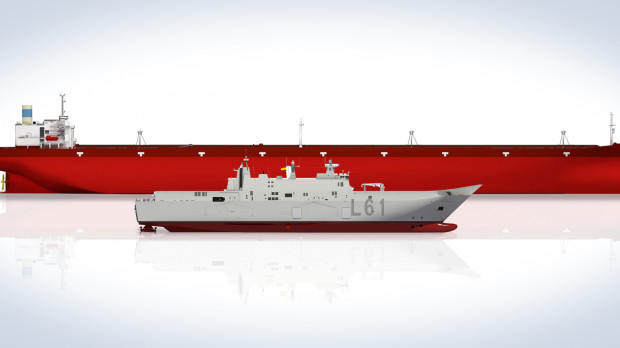 El L-61 Juan Carlos I de la Armada española, comparado con el petrolero Knock Nevis