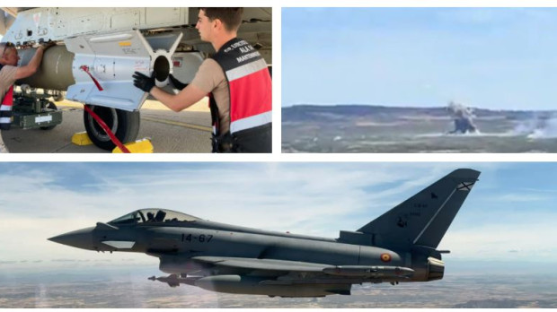 Un Eurofighter sobrevuela el polígono de Las Bárdenas con las bombas de guiado láser, que logran volar su objetivo