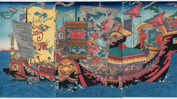 La expedición de Xu Fu que en 219 a. C. partió en busca del elixir de la vida por orden de Qin Shi Huang. Pintura japonesa del siglo XIX