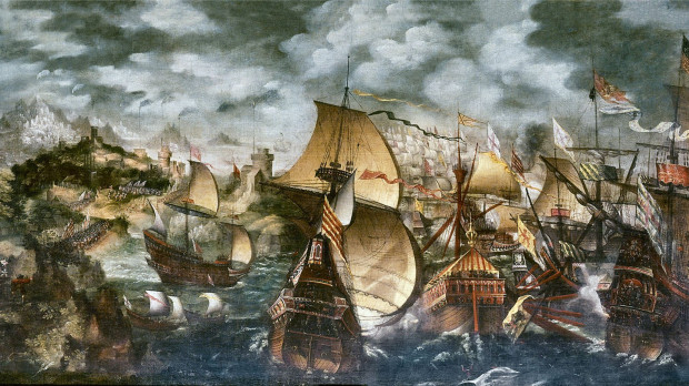 Isabel I y la Armada española, óleo atribuido a Nicholas Hilliard, que probablemente representa la batalla naval de Gravelinas