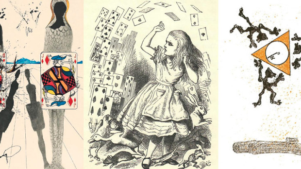 Una obra de Saslvador Dalí (dcha), otra de John Tenniel, y una de Max Ernst (izqda) inspiradas en la obra de Lewis Carroll, Alicia en el País de las Maravillas