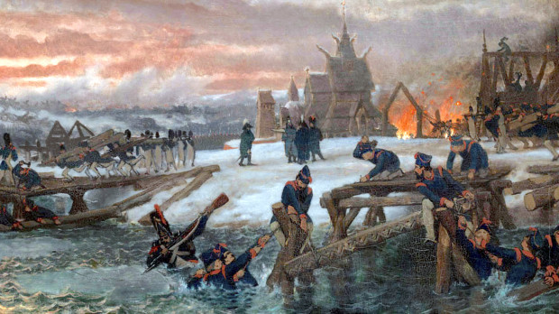 A las órdenes del capitán George Diederich Benthien en el río Berézina, el 26 de noviembre de 1812, se inició la construcción de dos puentes provisionales que salvarán una parte del gran ejército de Napoleón