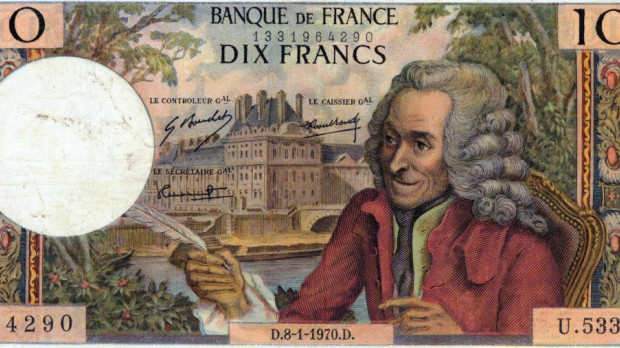 Homenaje a Voltaire en un billete bancario francés de la segunda mitad del siglo XX