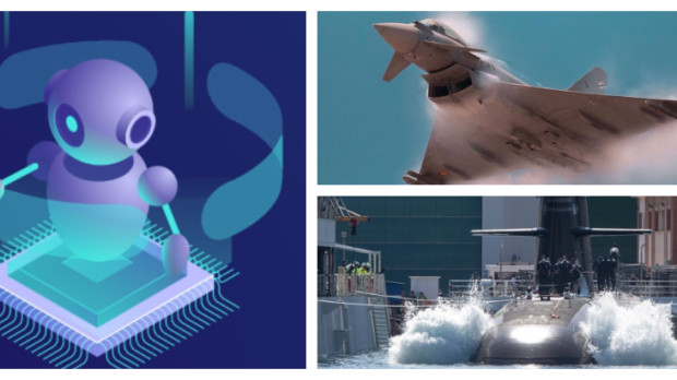 A la izquierda, icono de GPT-3, la nueva inteligencia artificial que arrasa en internet; a la derecha, un Eurofighter y el nuevo submarino S-81