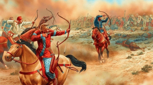 Ilustración de Peter Dennis que representa a jinetes arqueros partos en la batalla de Carras