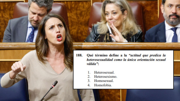 Montaje de Irene Montero con una de las preguntas del examen EIR
