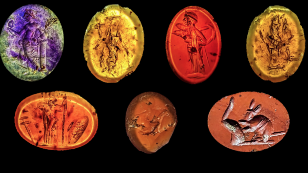 Algunas de la gemas talladas descubiertas durante las excavaciones llevadas a cabo en las termas romanas de la actual Carlisle