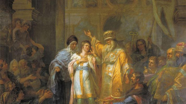 Ofrecimiento de la corona a Miguel, de 16 años de edad, en el Monasterio Ipátiev en 1613