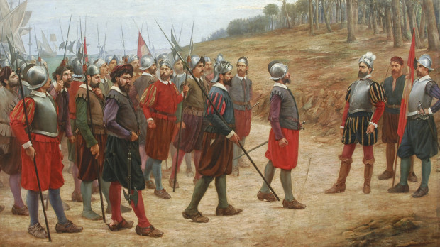 Los 13 de la Isla del Gallo. Óleo de Juan B. Lepiani, que representa a Francisco Pizarro en la isla del Gallo, invitando a sus soldados a cruzar la línea trazada en el suelo