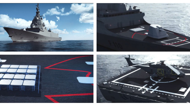 Recreación de la fragata F-110 de Navantia con algunos de sus elementos de armamento, como un cañón de 5mm, el sistema de lanzamiento vertical de misiles o el espacio multimisión