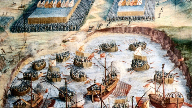 Desembarco de tercios españoles en la batalla de la isla Terceira, en las islas Azores, fresco de Niccolò Granello en la Sala de las batallas del monasterio de El Escorial