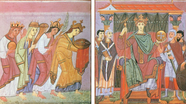 El Emperador rodeado de los príncipes del Imperio y los obispos; a su izquierda, las 4 naciones (Eslavonia , Germania , Galia y Roma)