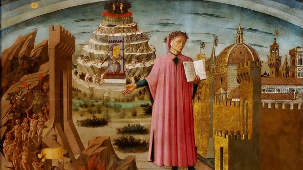 Dante y la Divina comedia pintura de Domenico di Michelino situada en la Catedral de Santa María del Fiore 1465