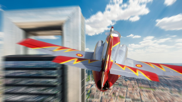 Recreación de un avión de la Patrulla Águila sobrevolando el skyline de Madrid