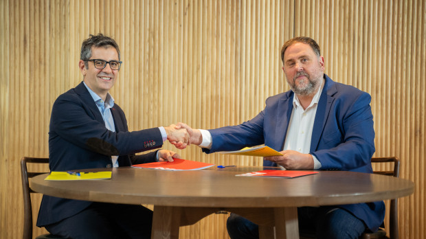 El ministro Félix Bolaños y Oriol Junqueras, en Barcelona