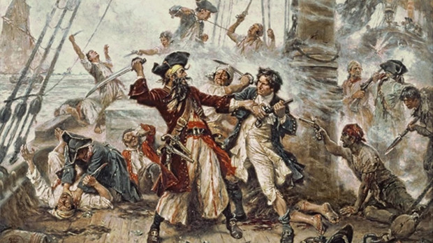 Barbanegra luchando contra el teniente Maynard en el apogeo de la Edad de Oro de la piratería