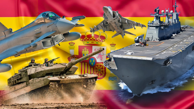 Ilustración con algunos de los medios militares españoles con el fondo de la bandera de España