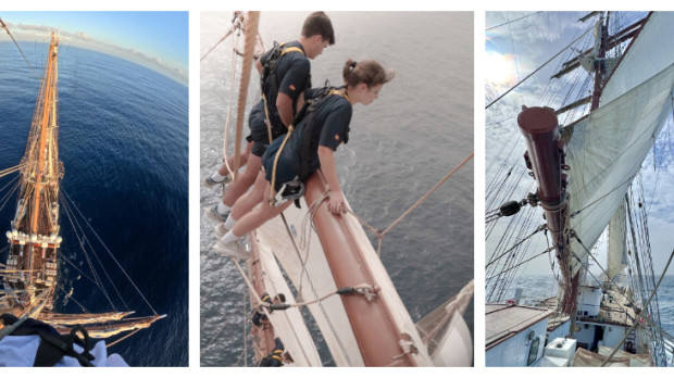 Espectaculares imágenes de la maniobra de las velas en el Juan Sebastián de Elcano