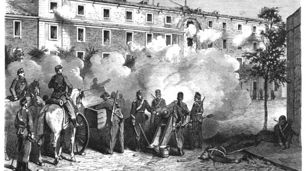 Ataque y defensa de los artilleros pronunciados en el cuartel de San Gil el día 22 de junio de 1866. Grabado de Marcelo París por dibujo de Alfredo Perea