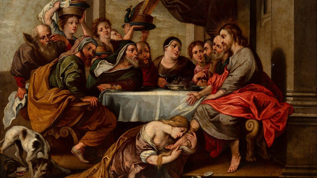 Unción de Jesús en Betania. Escuela española, siglo XVII. Según Rubens