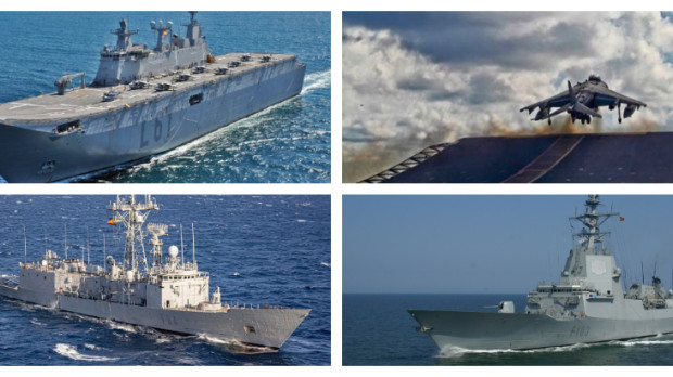 El LHD Juan Carlos I, con sus Harrier embarcados, y las fragatas Blas de Lezo y Reina Sofía