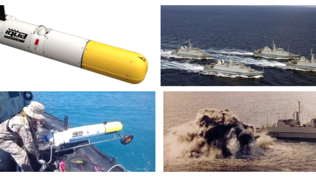 Dos imágenes muestran el robot Sparus que utiliza la Armada en Minex 24; y las otras dos, cazaminas españoles en acción