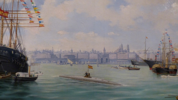 Botadura del submarino de Peral en aguas de la bahía de Cádiz el 8 de septiembre de 1888. Pintura de Francisco Giráldez (1840-1920)