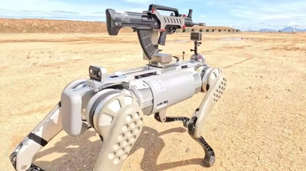 Imagen del perro-robot armado con un fusil presentado por el Ejército chino