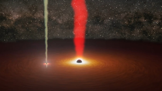 Ilustración de los dos agujeros negros orbitando uno alrededor del otro