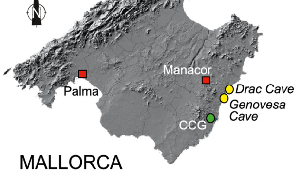 Mapa de Mallorca, mostrando la localización de las cuevas de Genovesa y Drac y el yacimiento arqueológico de Closos de Can Gaià (CCG)