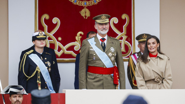 Spanish King Felipe VI and Queen Letizia with Princess Leonor attending a military parade during the known as Dia de la Hispanidad, Spain's National Day, in Madrid, on Saturday 12, October 2024.