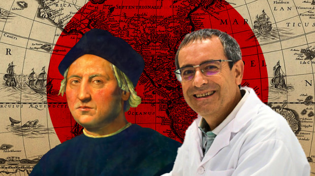 Fotomontaje de Cristóbal Colón y el catedrático de Medicina Legal y Forense Antonio Salas
