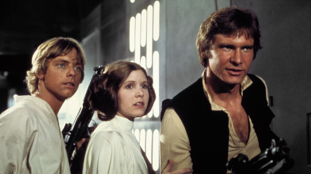 Harrison Ford, Carrie Fisher y Mark Hamil en La guerra de las galaxias (1977)
