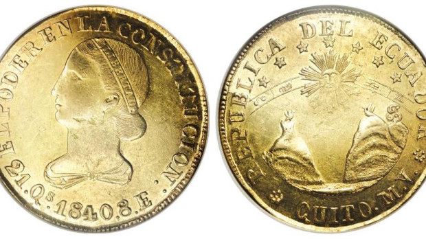 Ocho escudos de oro de Ecuador, la "moneda Moby Dick"