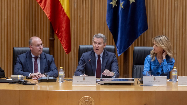 ) El portavoz del PP en el Congreso, Miguel Tellado; el líder del Partido Popular, Alberto Núñez Feijóo, y la diputada del PP, Cayetana Álvarez de Toledo