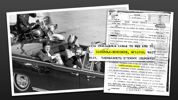 Fotografía del momento del asesinato de Kennedy y del documento desclasificado