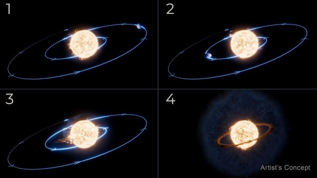 Webb reveló que la estrella estudiada no se hinchó hasta tragarse el planeta, sino que la órbita del planeta en realidad se depreció lentamente con el tiempo, como se ve en este concepto artístico. REMITIDA / HANDOUT por NASA, ESA, CSA, R. CRAWFORD (STSCI) Fotografía remitida a medios de comunicación exclusivamente para ilustrar la noticia a la que hace referencia la imagen, y citando la procedencia de la imagen en la firma 10/4/2025