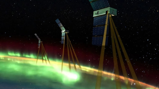 Este concepto artístico muestra los tres CubeSats de la misión EZIE de la NASA volando en formación para estudiar las corrientes eléctricas en la atmósfera terrestre asociadas con las auroras