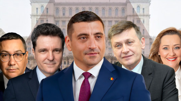 En el centro, el favorito de esta primera vuelta, George Simion, a los lados Nicusor Dan, Crin Antonescu, Victor Ponta y Elena Lasconi