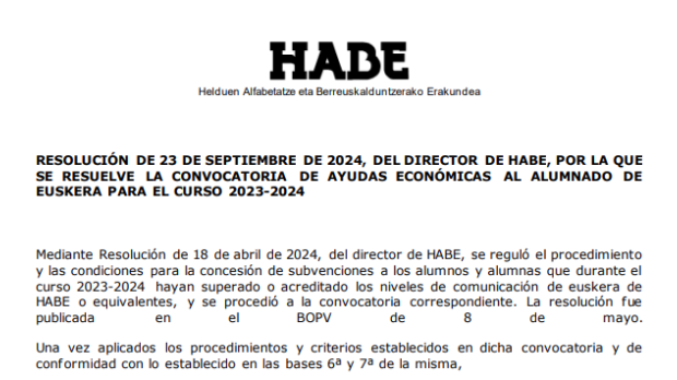 Documento de ayudas a los alumnos que estudian euskera